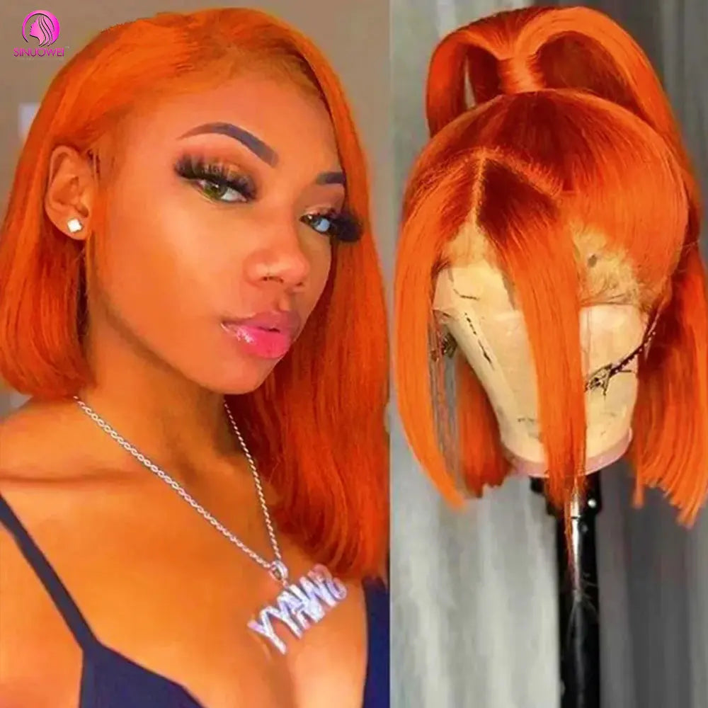 "Ginger Orange Highlight Straight Bob Wig" – Perruque en Dentelle Suisse avec Effet Ombre Subtil