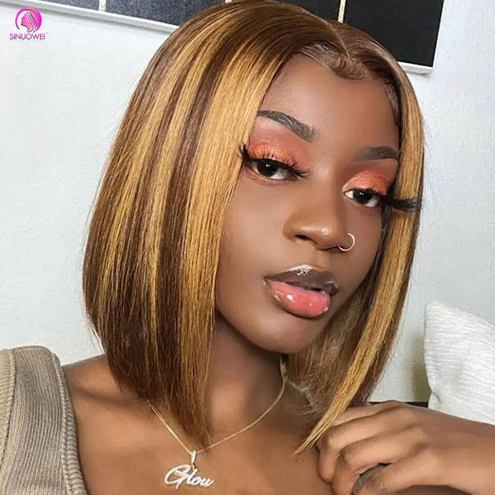 "Ginger Orange Highlight Straight Bob Wig" – Perruque en Dentelle Suisse avec Effet Ombre Subtil