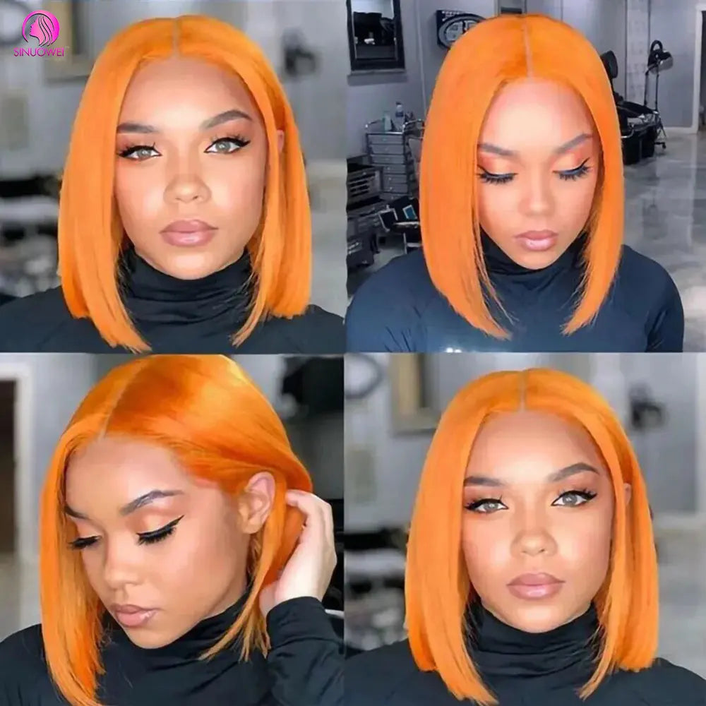 "Ginger Orange Highlight Straight Bob Wig" – Perruque en Dentelle Suisse avec Effet Ombre Subtil