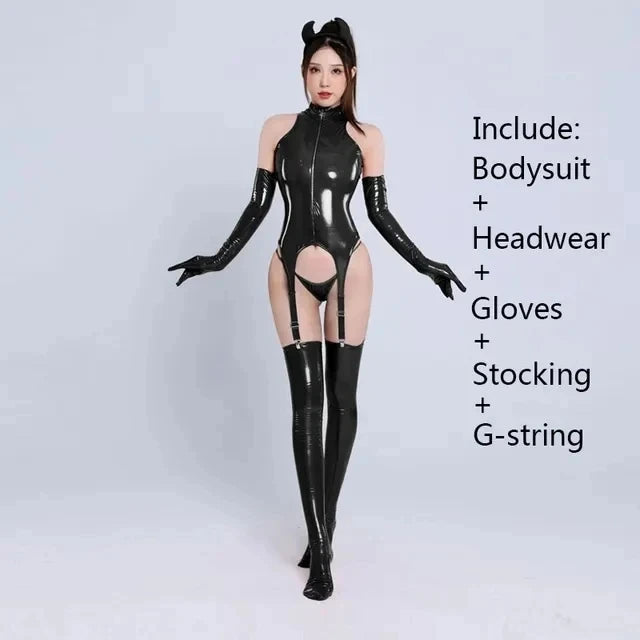"Dark Temptation" – Catsuit Sexy en Similicuir Ultra Brillant