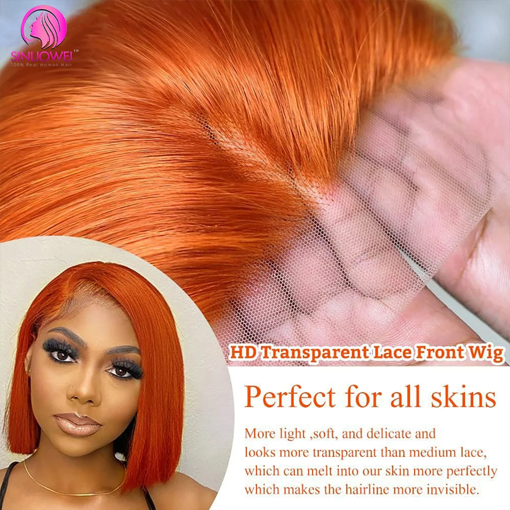 "Ginger Orange Highlight Straight Bob Wig" – Perruque en Dentelle Suisse avec Effet Ombre Subtil