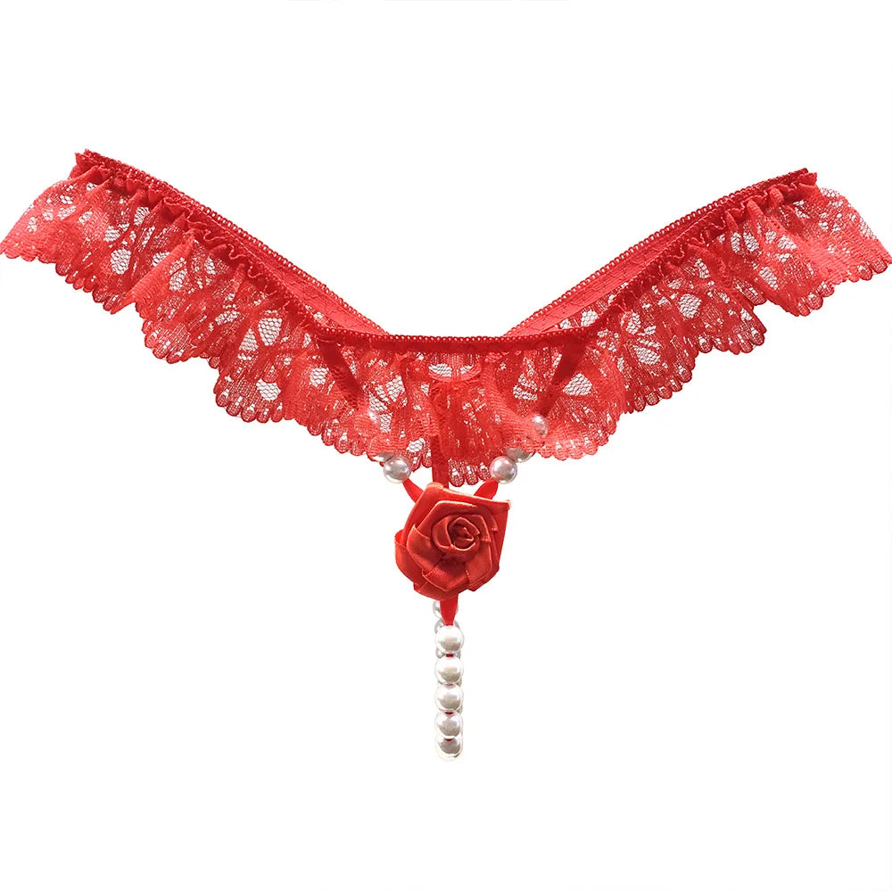 "Rose Perle" – String Sexy Ouvert avec Perles et Broderie Florale
