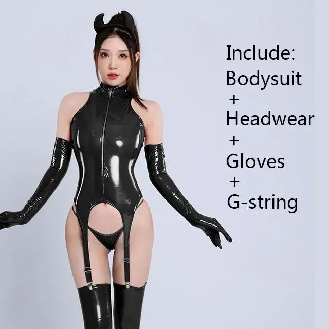 "Dark Temptation" – Catsuit Sexy en Similicuir Ultra Brillant