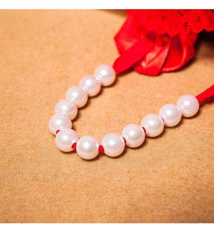 "Rose Perle" – String Sexy Ouvert avec Perles et Broderie Florale
