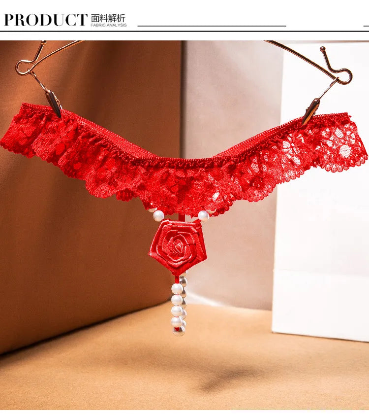 "Rose Perle" – String Sexy Ouvert avec Perles et Broderie Florale