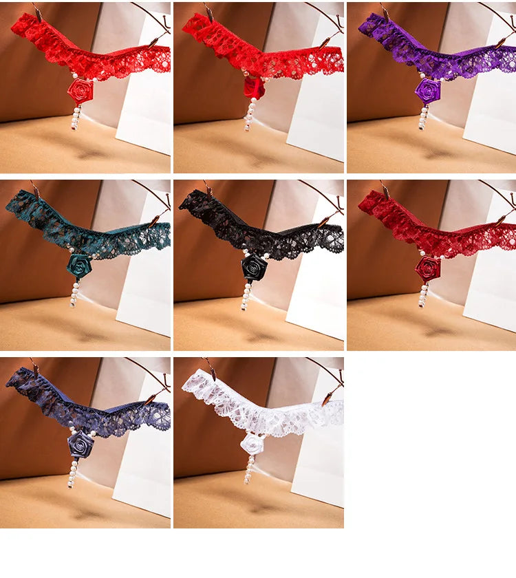 "Rose Perle" – String Sexy Ouvert avec Perles et Broderie Florale