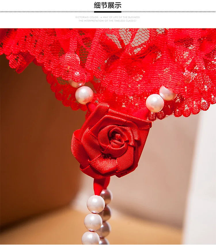 "Rose Perle" – String Sexy Ouvert avec Perles et Broderie Florale