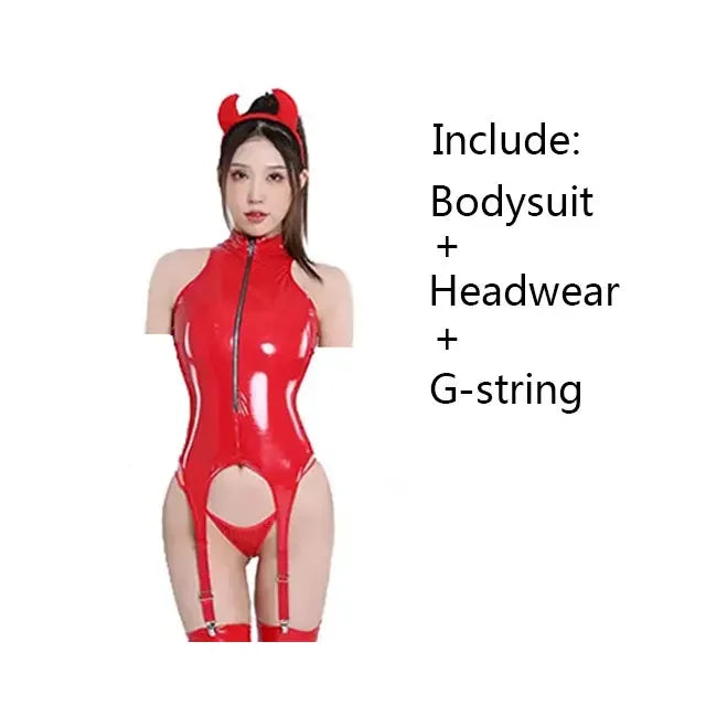 "Dark Temptation" – Catsuit Sexy en Similicuir Ultra Brillant
