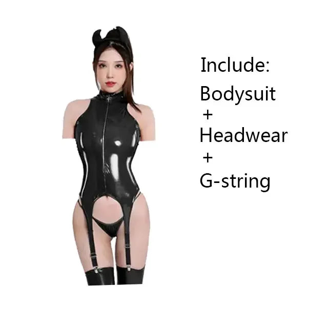"Dark Temptation" – Catsuit Sexy en Similicuir Ultra Brillant