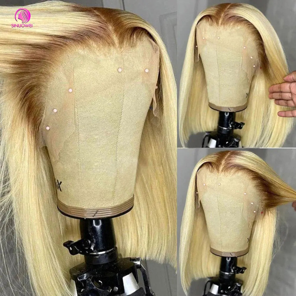 "Blonde Short Bob Wig" – Look Élégant et Pratique avec des Racines Sombres