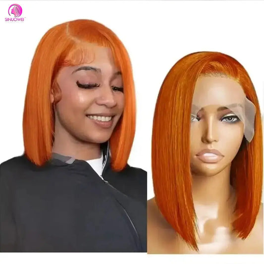 "Ginger Orange Highlight Straight Bob Wig" – Perruque en Dentelle Suisse avec Effet Ombre Subtil