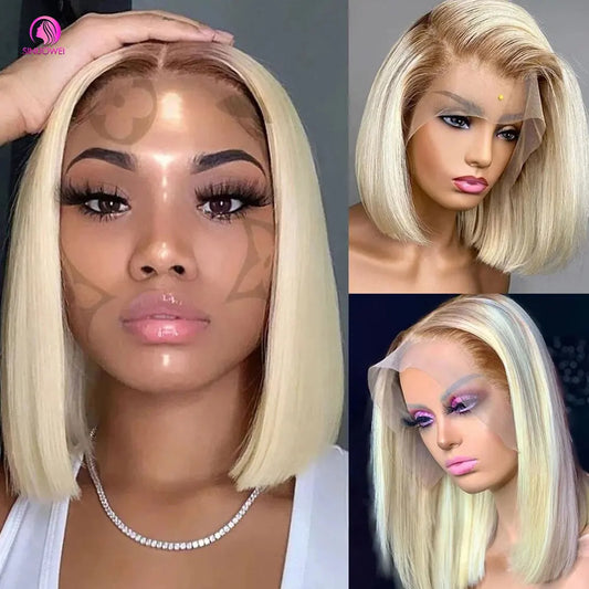 "Blonde Short Bob Wig" – Look Élégant et Pratique avec des Racines Sombres