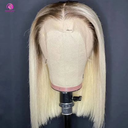 "Blonde Short Bob Wig" – Look Élégant et Pratique avec des Racines Sombres