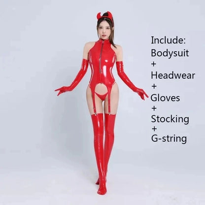 "Dark Temptation" – Catsuit Sexy en Similicuir Ultra Brillant