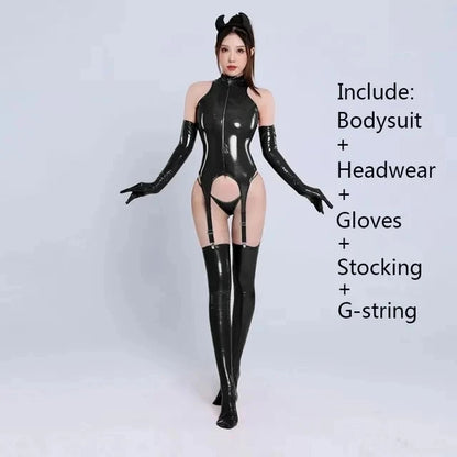 "Dark Temptation" – Catsuit Sexy en Similicuir Ultra Brillant