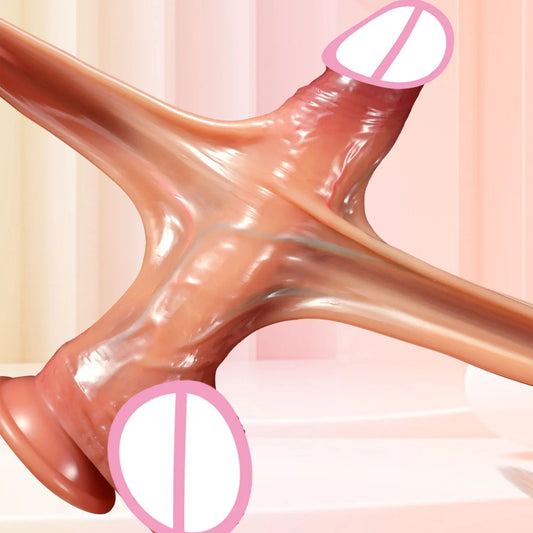 "Double Pleasure Dildo" – Godemichet Réaliste à Peau Coulissante avec Testicules et Double Pénis