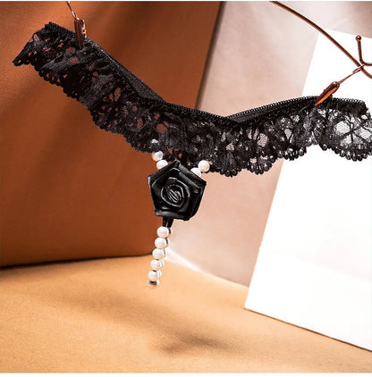 "Rose Perle" – String Sexy Ouvert avec Perles et Broderie Florale